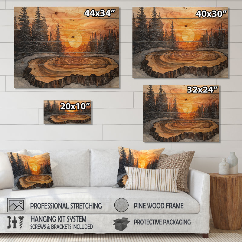 Sunrise Pine Tree on Wooden Tree Slide III - Art mural bois de forêt - sur bois de pin naturel, H 10 po x l 20 po x P 0,78 po