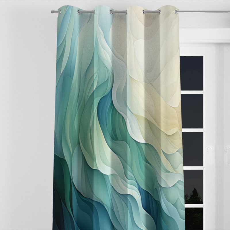 Green And White Sway Wave Serenity IV - Abstract Geometric Room Darkening Grommet Curtain - 1 Panel, 52" W x 90" L