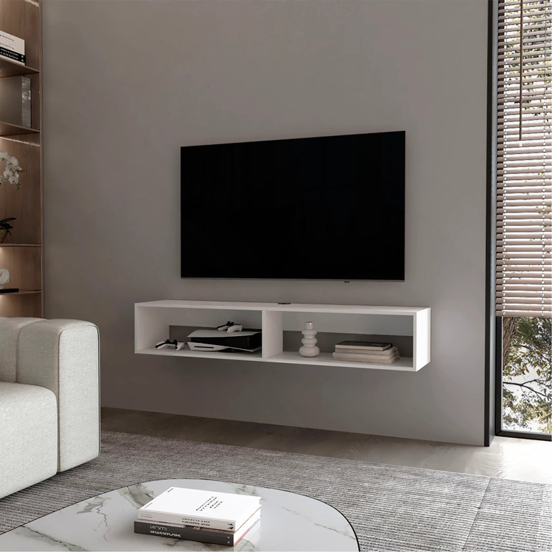 Élégant support média flottant blanc à 2 tablettes, peu encombrant et moderne pour le divertissement organisé, Blanc
