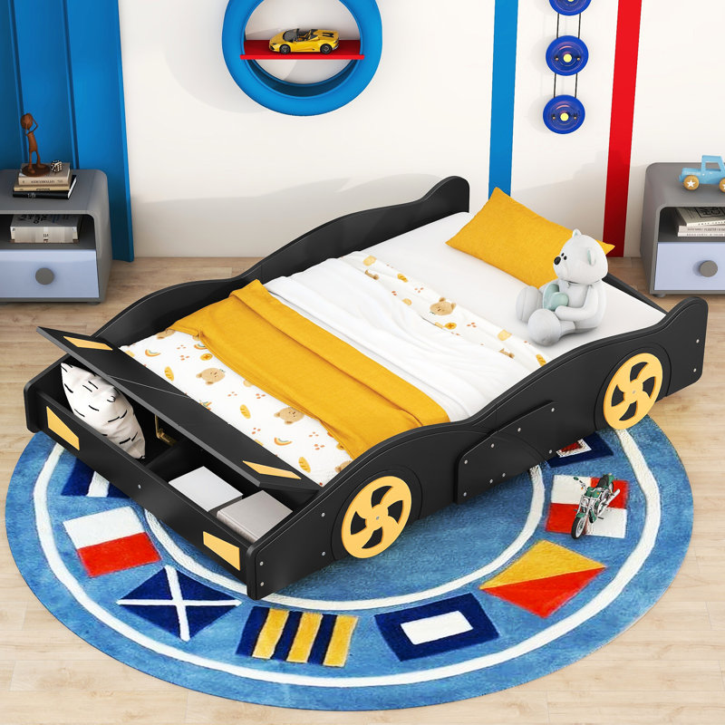 Lit plateforme pleine grandeur en forme de voiture de course avec roues et rangement - Confortable style voiture noire + jaune