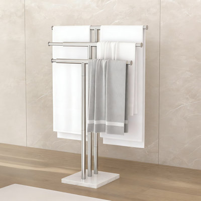 Freestanding Bathroom Towel Rack With Weighted Marble Base, 3-Tier Adjustable Height & Width Floor Towel Holder Stand, Stainless Steel Brushed Finish
