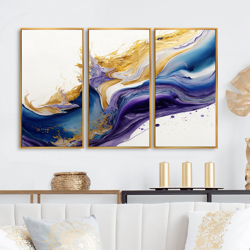 «Diellza Blue, Gold and Purple Splash V», reproduction sur toile 3 pièces, H 28 po x l 36 po, Cadre flottant doré