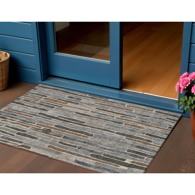 3' X 5' Pewter And Brown Striped Washable Indoor Outdoor Area Rug