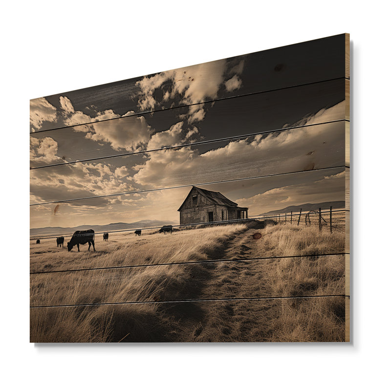Bétail «Horizon silencieux III» sur bois, H 10 po x l 20 po x P 0,78 po