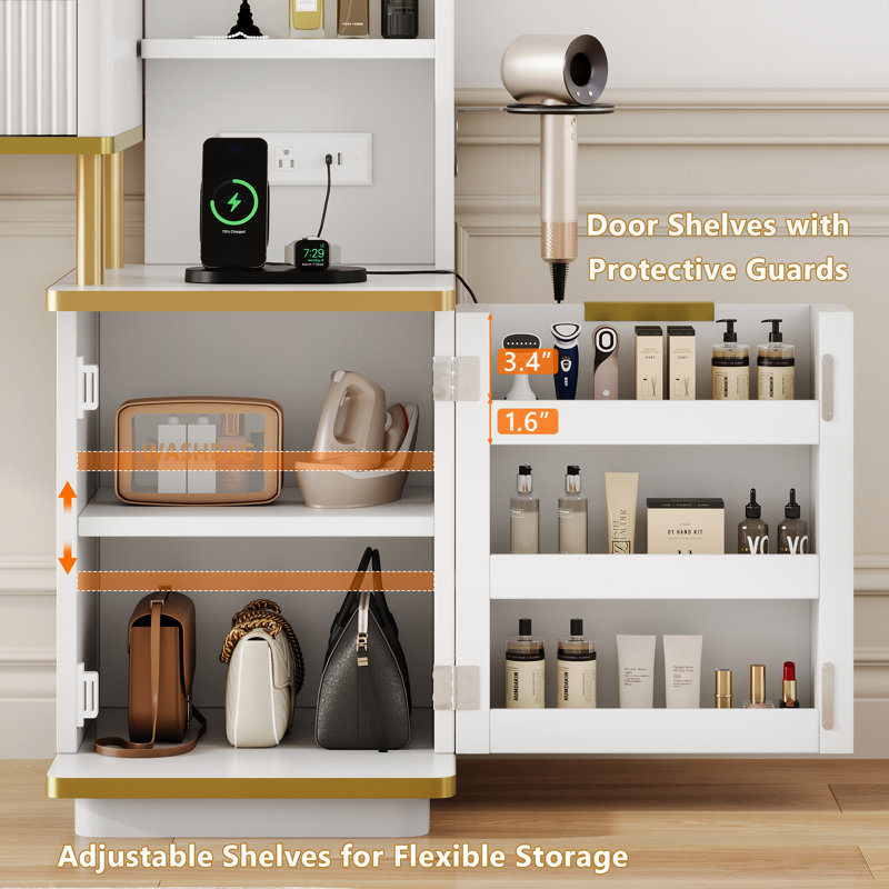 Coiffeuse avec miroir lumineux, miroir grossissant x5, plateau en verre et station de charge, blanche