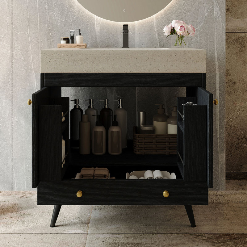 Meuble-lavabo autoportant contemporain avec plateau en faux marbre et lavabo en céramique, armoire de rangement à double porte de 30 po, bois d'ingénierie imperméable