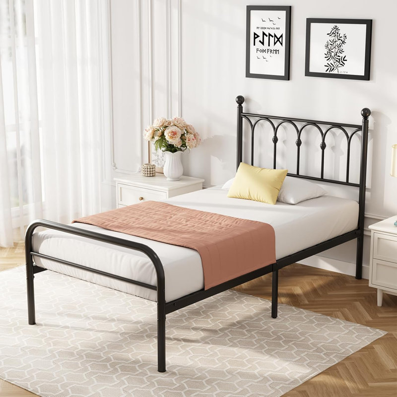 Melati Metal Bed Frame with Headboard Platform Bed No Box Spring Needed, Twin, Black