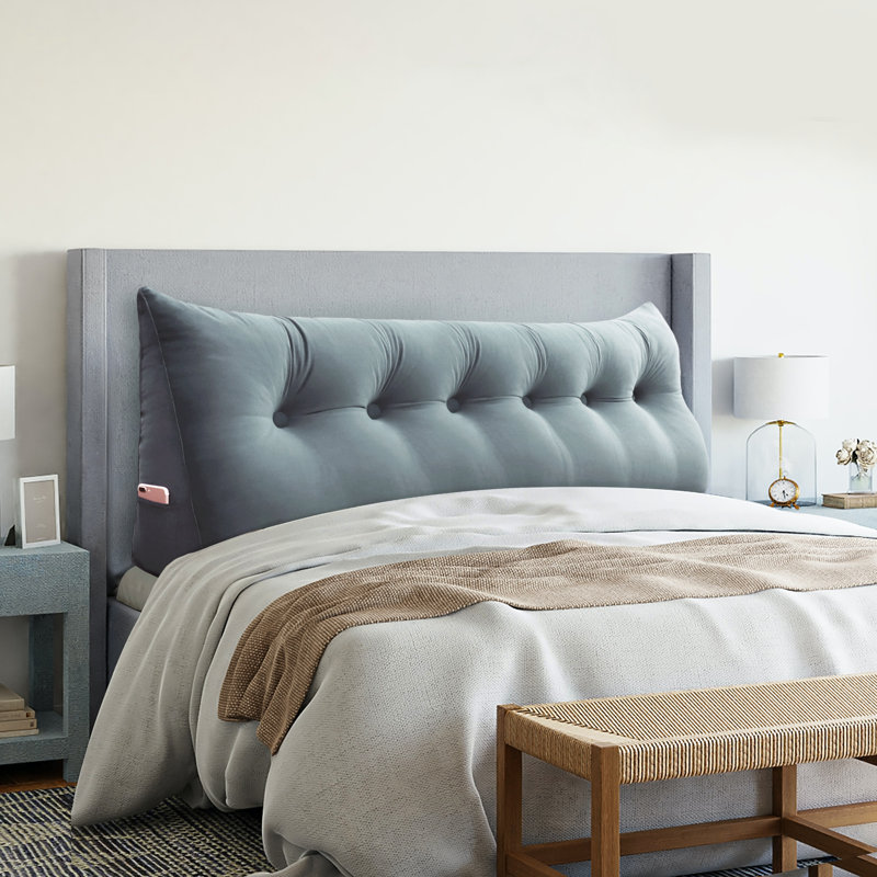 Sit-up Back Comfort 100% Cotton Velvet Wedge Headboard Reading Pillow with Removable & Washable Cover Compression, Gray