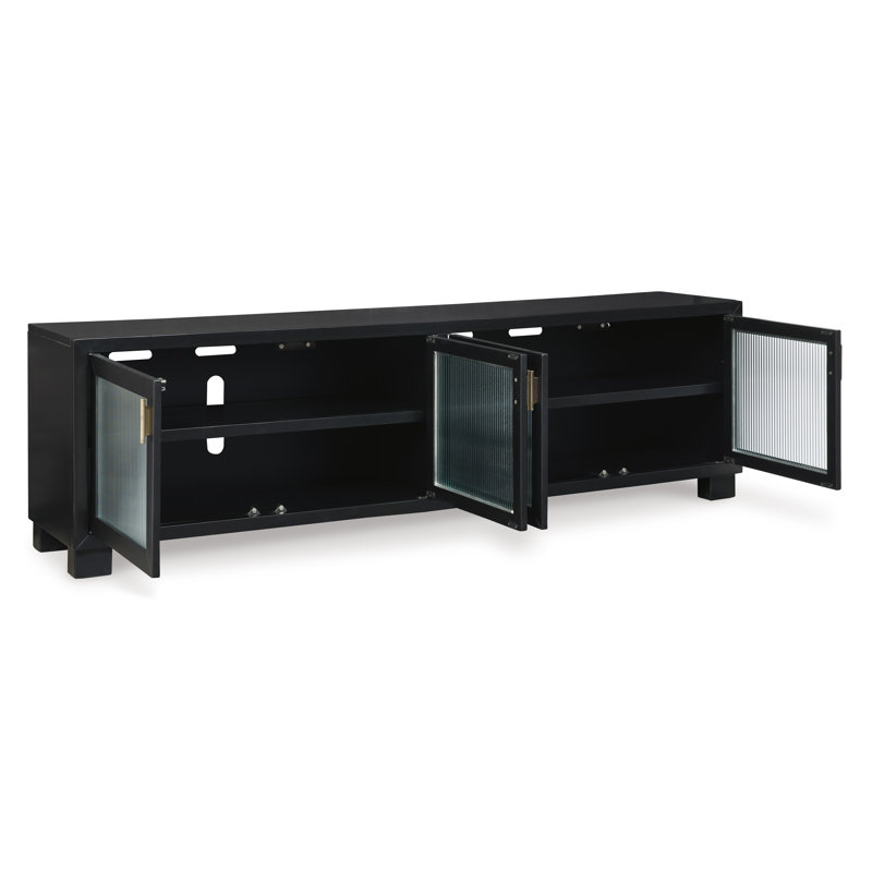 Winbardi Black 85" TV Stand with Glass Doors and Cabinets