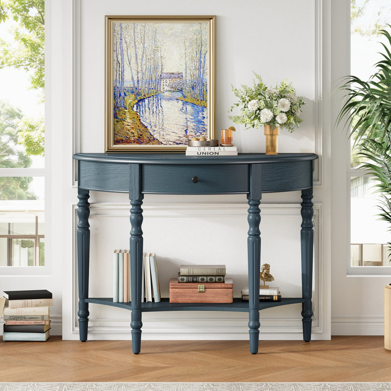 Console Trexm Farmhouse en demi-lune avec tiroir et tablette rustique, Marine