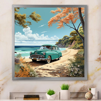 Vintage Oldtimer Classic Turquoise Car Beachside sur impression sur toile