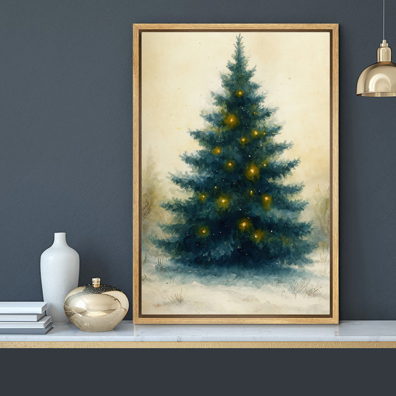 Arbre de Noël avec lumières dorées, impression sur toile encadrée, H 36 po x l 24 po x P 1,5 po, Cadre naturel