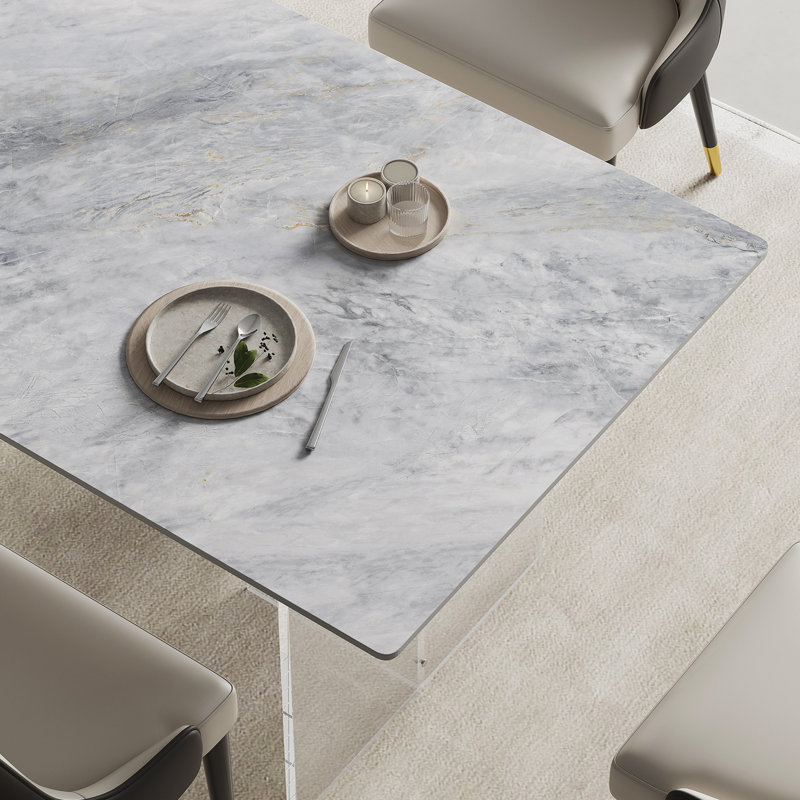 Ensemble de table de salle à manger en pierre frittée 70,86 po avec 8 chaises en cuir Foclia, Blanc muse