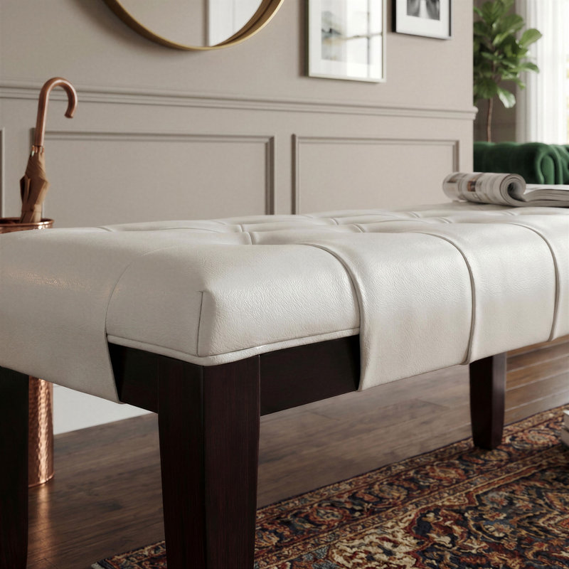 Solid Wood Upholstered Tufted Bench, White Leather