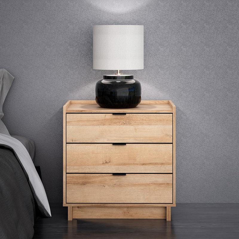 Modern Nightstand Bedside Table, Natural Oak Nightstand For Bedroom, End Table With 3 Drawers 26.5" W X 26.75" H X 16" D