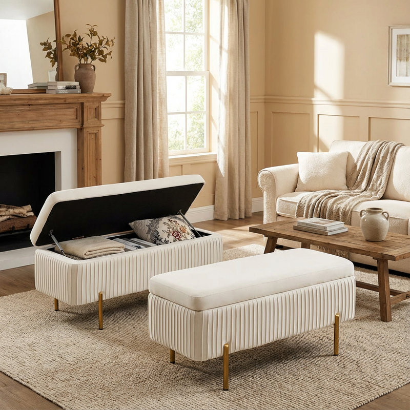 Banc de rangement en velours Leaysia, Beige