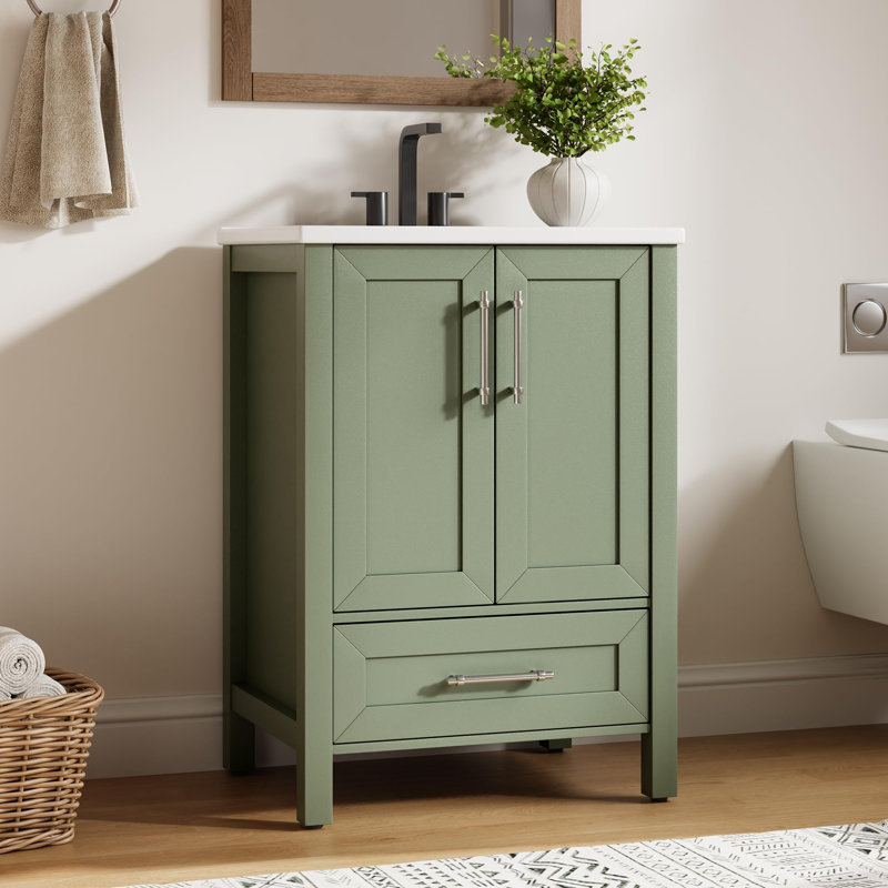 Bathroom Vanity with Ceramic Basin, Bathroom Storage Cabinet with Drawer and 2 Soft Closing Doors, Green, 24"