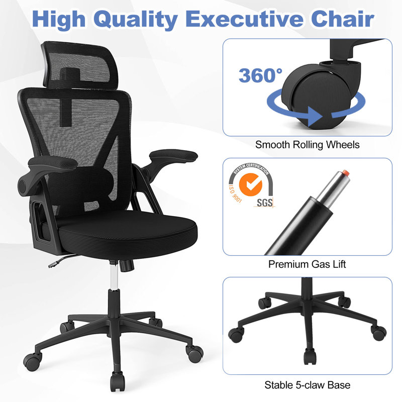 Fauteuil de bureau ergonomique en filet avec soutien lombaire et appui-tête rabattable avec accoudoirs rabattables