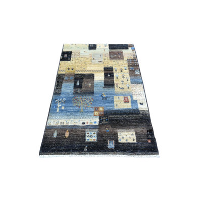 Tapis oriental rectangulaire noir en laine noué à la main 3 pi 1 po x 5 pi 0 po - MOA10271031