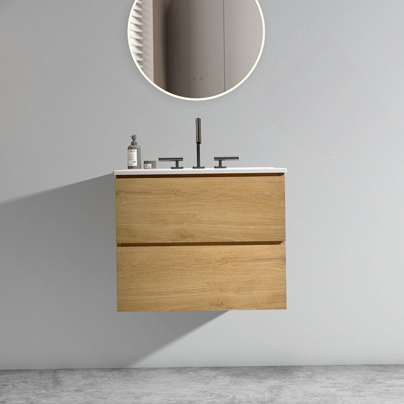 Meuble-lavabo mural 24 po avec lavabo en céramique, Chêne, Triple