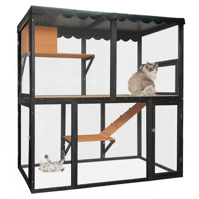 Wooden Catio Outdoor Cat Enclosure with Waterproof Cover, Multi-Level Design for Multiple Cats, Ideal for Indoor and Outdoor Use