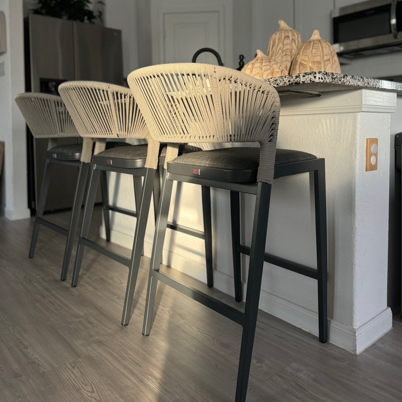 Patio Pebble Grey Bar&Counter Stool Set Of 2 Modern Aluminum Rattan Wicker With Backrest And Cushion For Kitchen Lawn Pool Bar Chairs