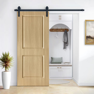 2 Panel Hollow Core Oak Finished PVC Composite Interior Sliding Barn Door with Hardware Kit