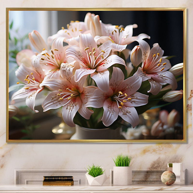 «Peach White Lilies Elegant II», reproduction sur toile, H 16 po x l 32 po x P 1 po, Cadre flottant doré