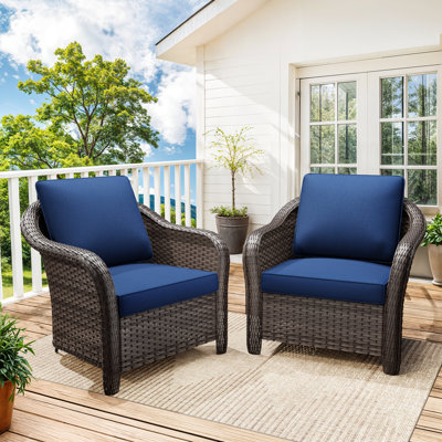 Polyethylene (PE) Wicker Wicker Outdoor Handrails Shaped Steel 2-Armrest Chairs Set with Blue Cushion