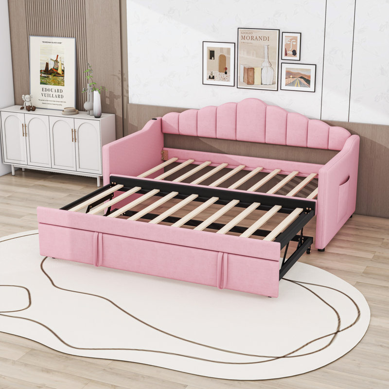 Twin Upholstered Daybed with Pop-Up Trundle and USB and Type-C Charging Station, Pink