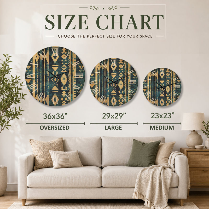 Très grande horloge murale tribale en bois - motif tribal indigo, Large