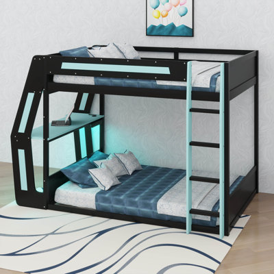 Full Size Gaming Bunk Bed With Side-Mounted Desk & USB Charging Ports & LED Light Strip