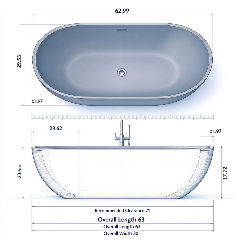 Baignoire autoportante de forme ovale à surface solide de 63 pouces KAKUSIGA pour la salle de bain