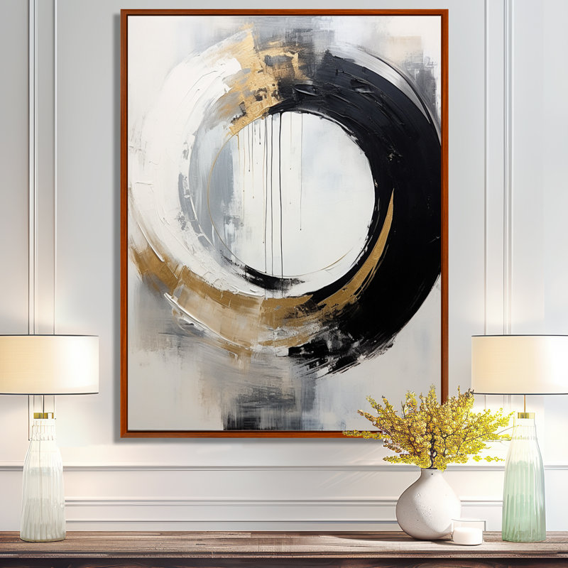 New Balance Dreams, abstrait or et noir I - Décoration murale peinture abstraite, 44" H x 34" W, Cadre flottant brun