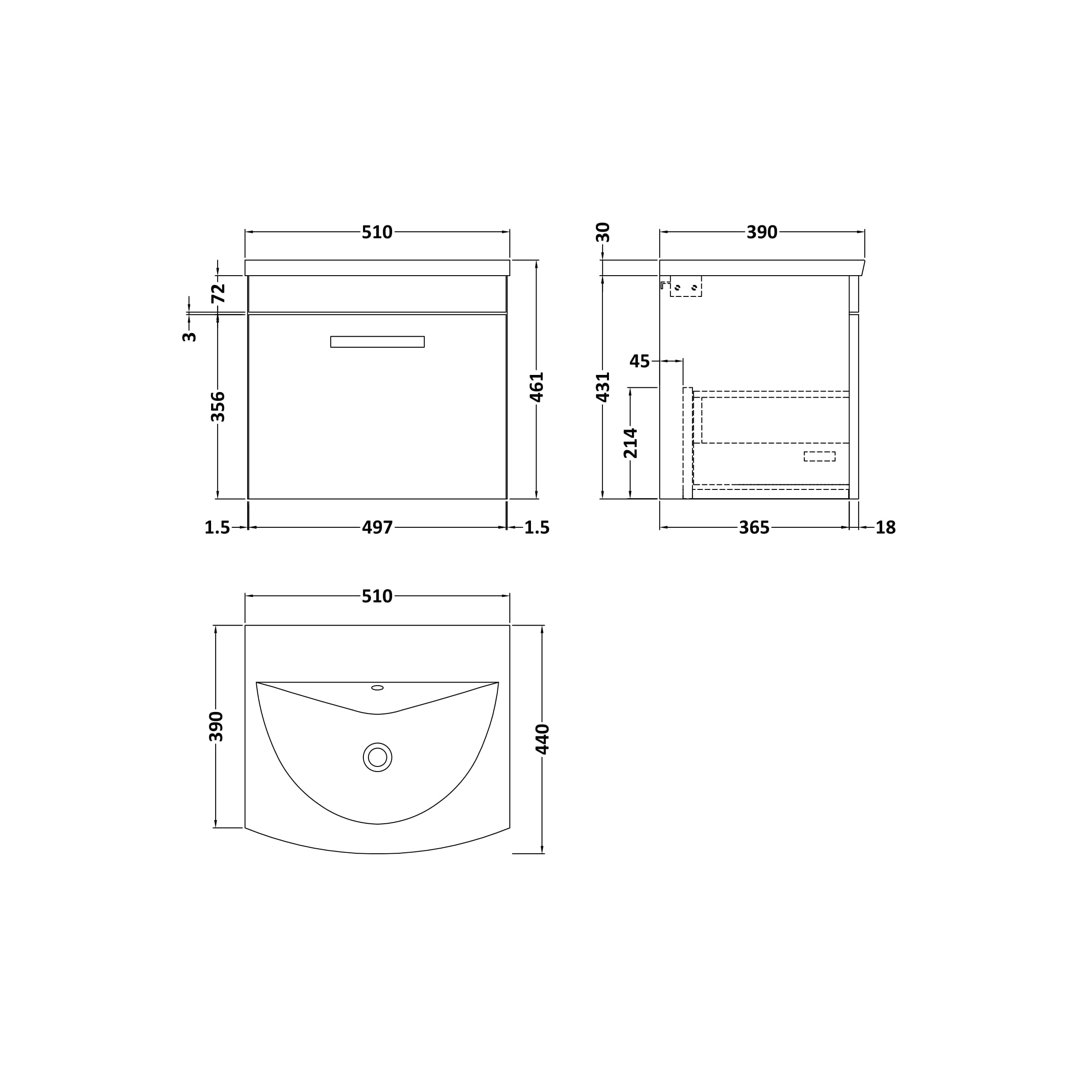 Nuie Anthracite Athena Woodgrain Wall Hung Single Drawer Vanity Unit And Curved Ceramic Basin | | Mdf | 500Mm - Image 3