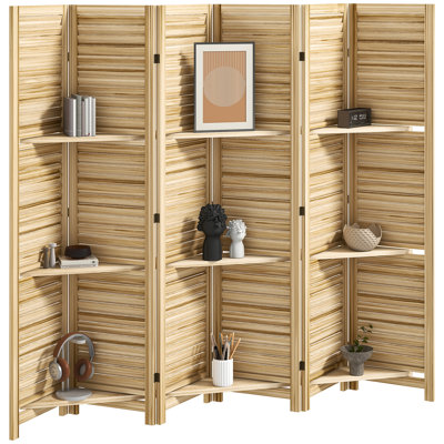 Room Divider, 6 Panel 67" Tall Wood Privacy Screen with 3 Display Shelves, and Folding Storage for Bedroom or Home Office by Ophelia & Co.