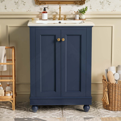 Meuble-lavabo moderne, conception simple et élégante avec rangement à fermeture en douceur, tablette réglable, meuble-lavabo avec lavabo en céramique