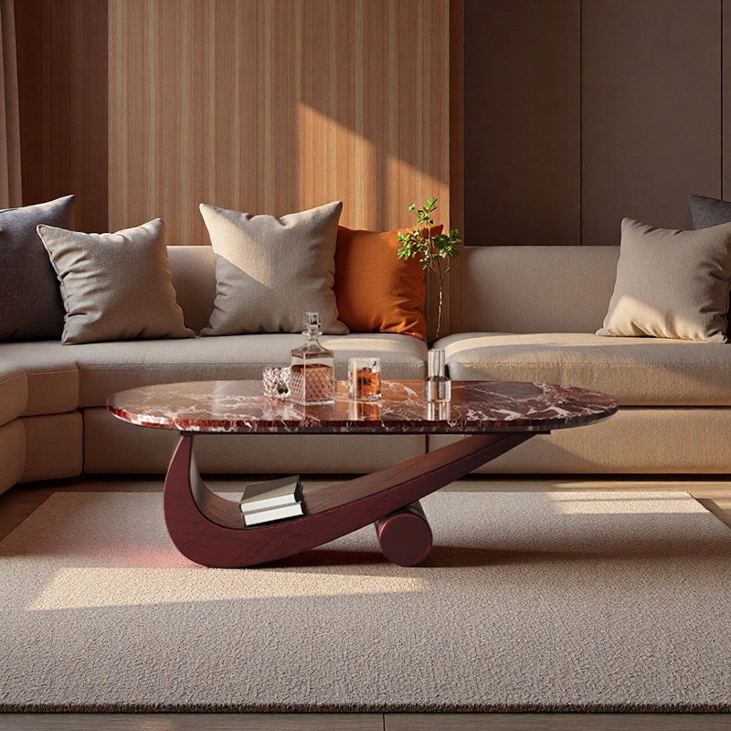 Table basse moderne minimaliste ovale en marbre, Rouge, H 17,7 po x L 47,2 po x l 23,6 po