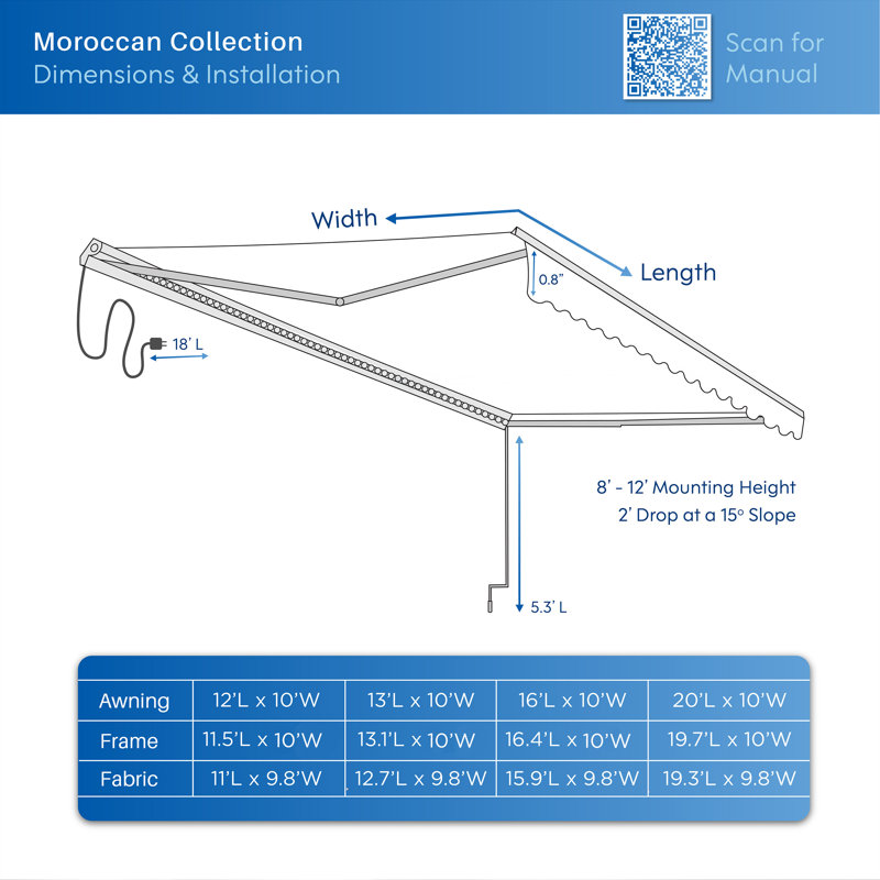 Semi-Cassette Patio Awning with LED Lights - Moroccan Collection , 12' W x 10' D, Desert Sand