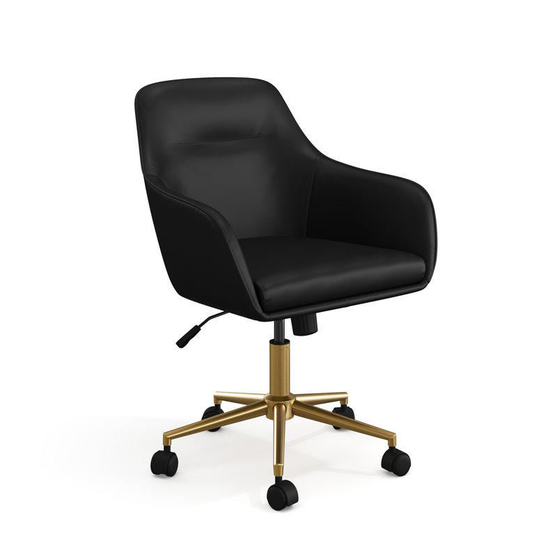 Martha Stewart Rayna Upholstered Swivel Home Office Chair with Flared Arms, Black, Polished Brass