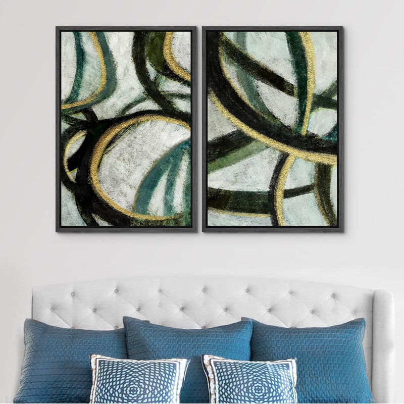 «Black White Geometric Landscape Collage Abstract Shapes», 2 pièces sur toile, Cadre noir, H 36 po x l 24 po