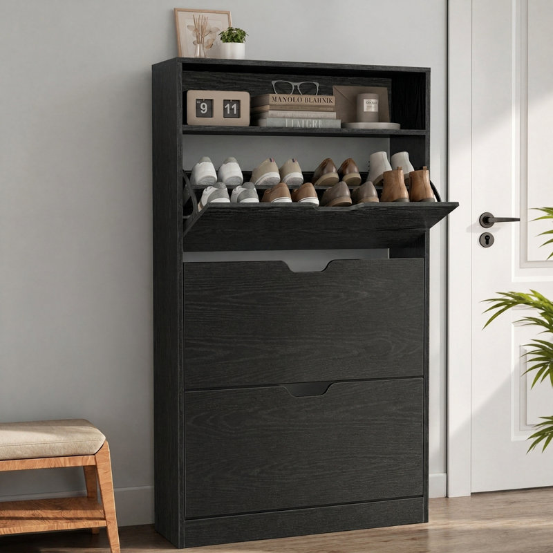 21-24 Pairs Shoe Cabinet, Open Compartment, Adjustable And Removable Dividers, 3 Flip Drawers, Black