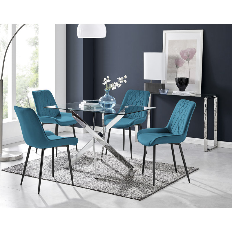 Lenworth Glass Rectangular Dining Table Set with 4 Luxury Velvet Chairs, Silver, Black/Silver