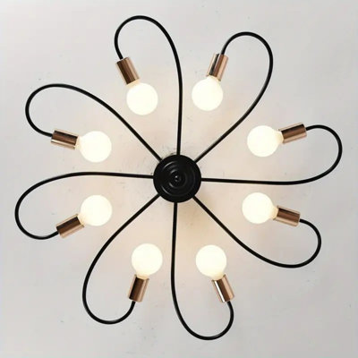 Plafonnier semi-encastré 8 lumières, lustres de style Mid-Century modernes, lustres Spoutnik modernes, plafonnier industriel rétro pour cuisine, salle à manger, salon, chambre à coucher (noir et or)