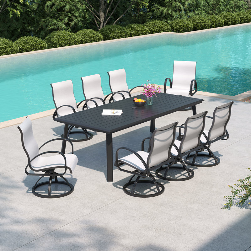 8 - Person Patio Dining Set with Aluminum Rectangular Table and Sunbrella Fabric Swivel Armchairs, White/Black