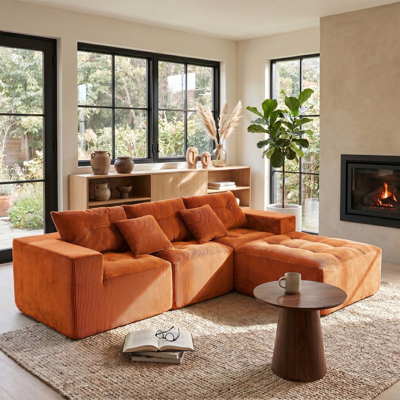 Canapé rembourré en forme de L 101 po sans assemblage en chenille, Orange