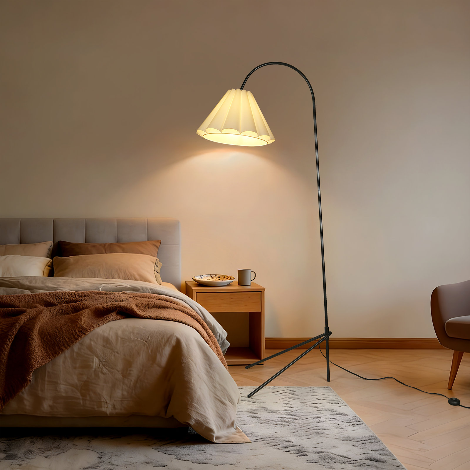 1-Light Dimmable 71.1’’ Arched Fabric Floor Lamp With Foot Switch, Black
