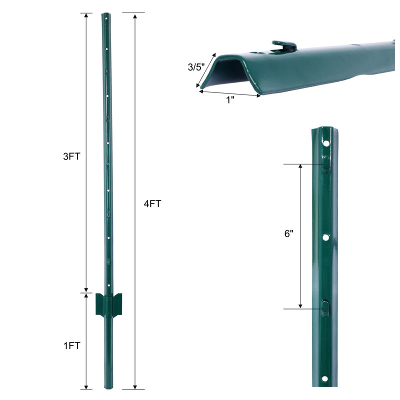 Poteaux de clôture en U thermolaqué robuste en acier thermolaqué de 4,3 po x P 1,1 po x H 49,8 po (paquet de 10)
