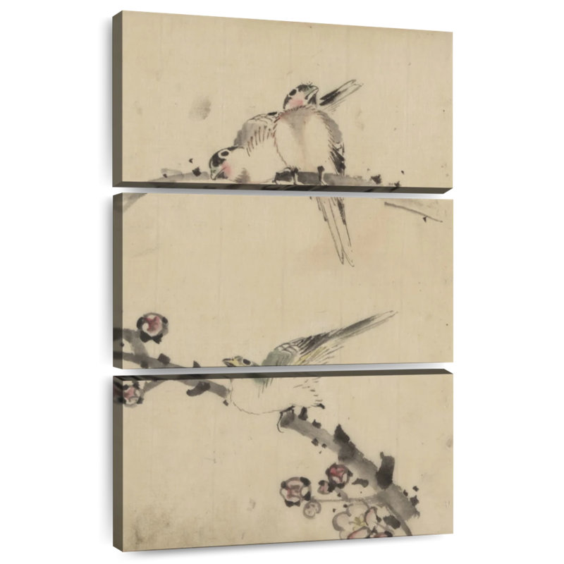 Brampt, trois oiseaux perchés sur des branches, H 32 po x l 20 po