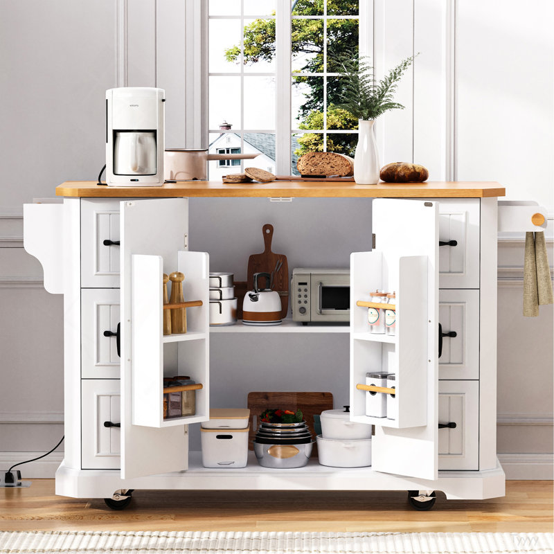 56 Inch Kitchen Island With Rubber Wood Veneer Drop Leaf, Power Outlet, 4 Door Shelves, Embossed Vertical Stripe Rolling Kitchen Cart On 4 Wheels With 6 Deep Drawers For Kitchen, Dining Room,White